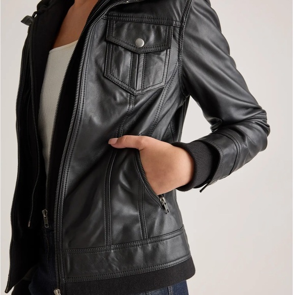 Quince NWOT Women's Black Leather Jacket with Hood - Picture 3 of 13